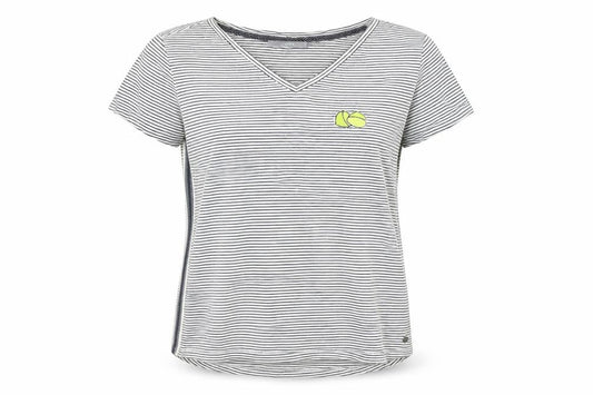 Front view of Cecil women’s white striped v-neck t-shirt, size L, casual cotton blend