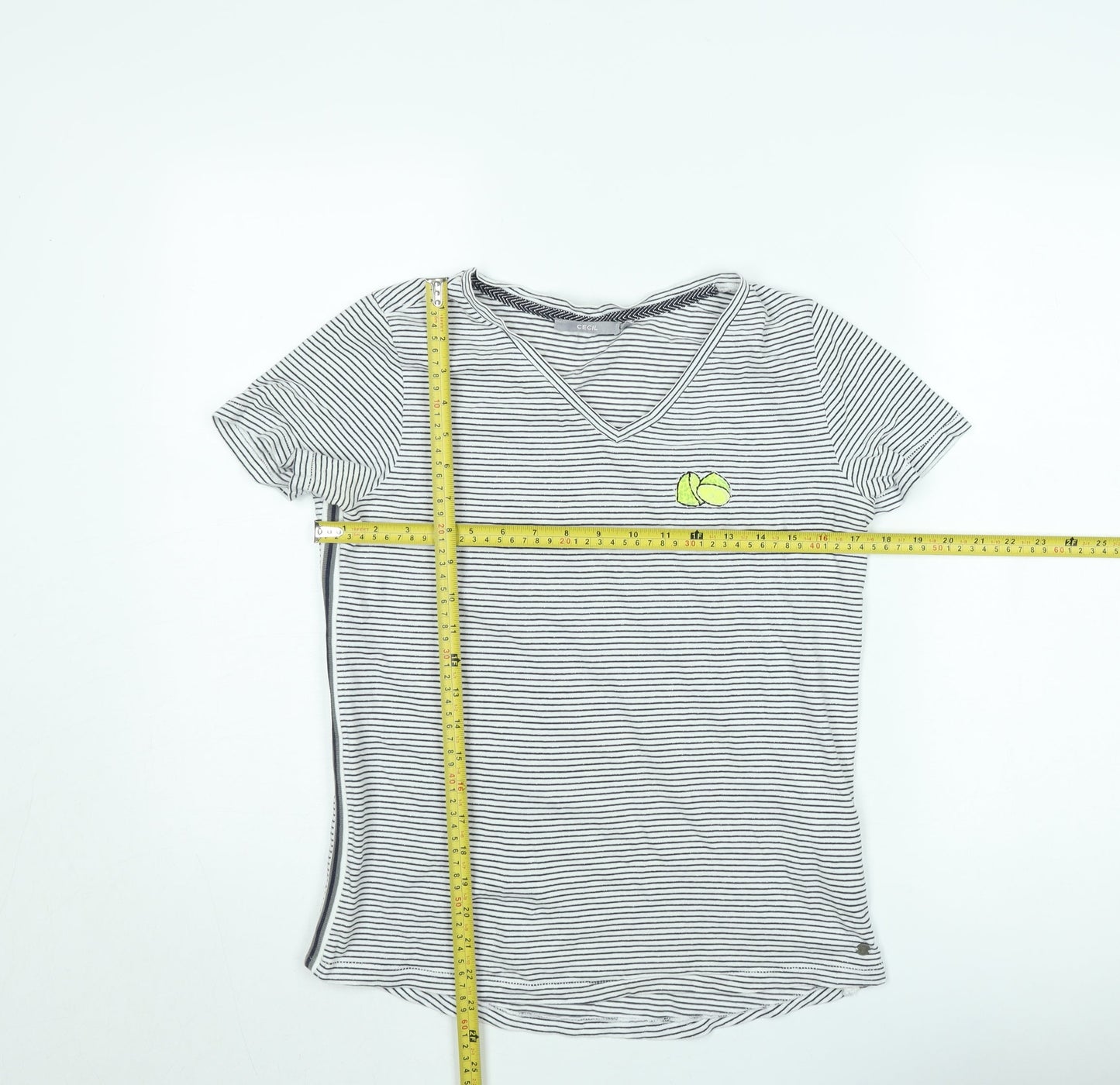 Cecil Womens White Striped V-Neck T-Shirt Size L Casual Cotton Blend