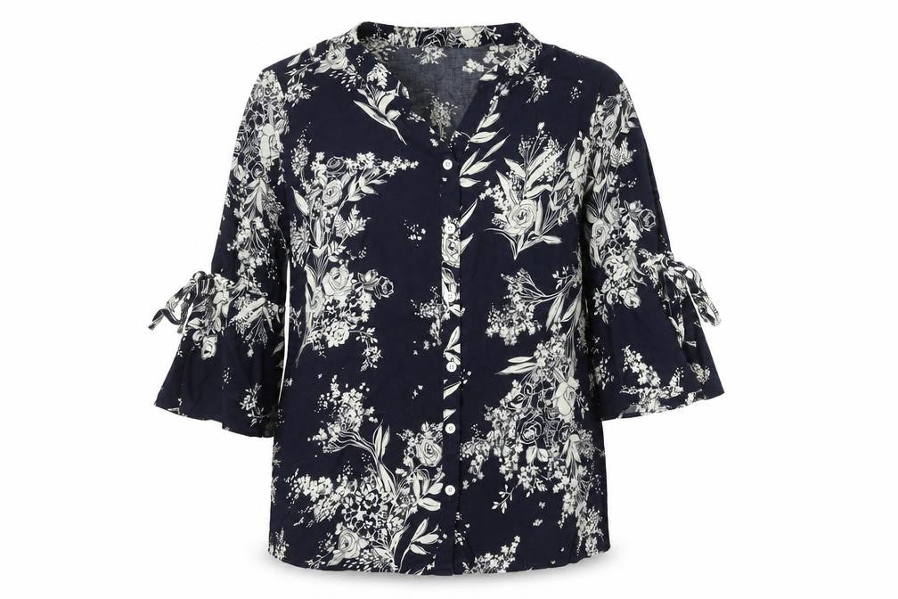 Front view of Gerard women’s black floral tunic blouse, size UK 12, viscose 3/4 sleeve