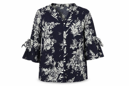 Front view of Gerard women’s black floral tunic blouse, size UK 12, viscose 3/4 sleeve