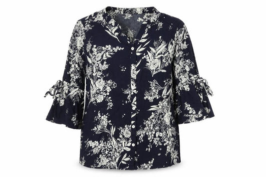 Front view of Gerard women’s black floral tunic blouse, size UK 12, viscose 3/4 sleeve