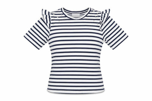 Savida Women's Navy Stripe Ruffle Pearl Detail T-Shirt Size 10