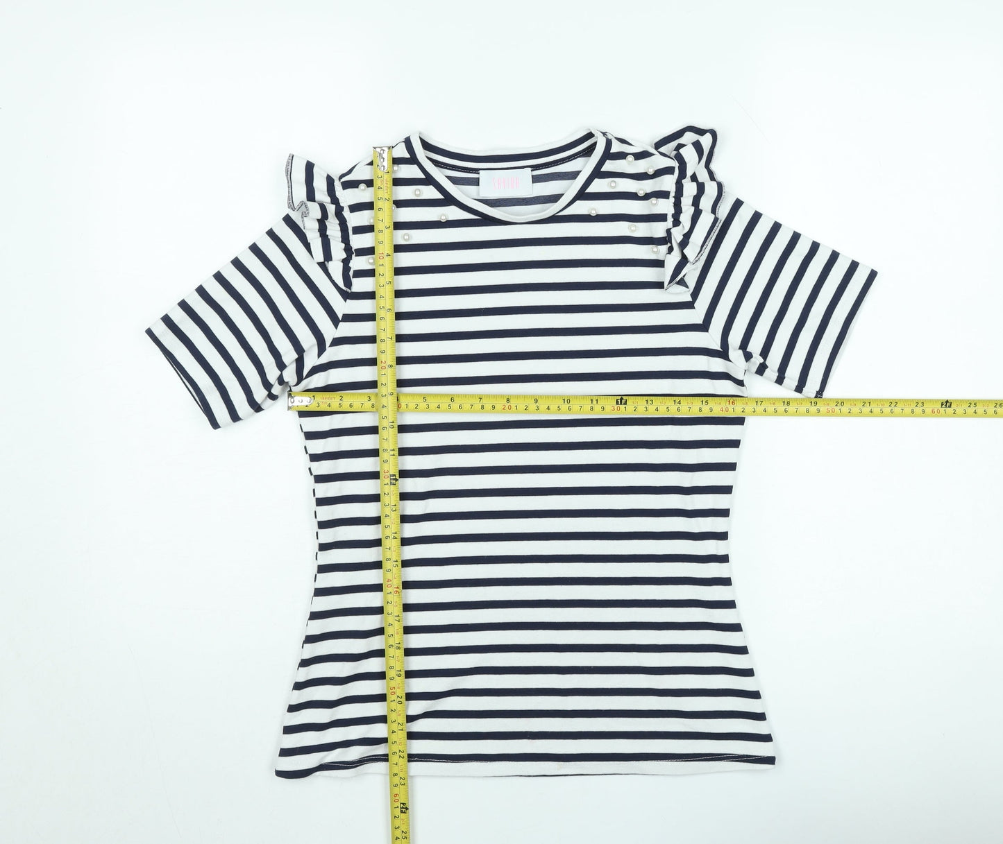 Savida Women's Navy Stripe Ruffle Pearl Detail T-Shirt Size 10