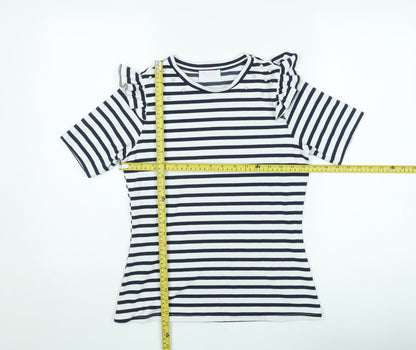 Savida Women's Navy Stripe Ruffle Pearl Detail T-Shirt Size 10