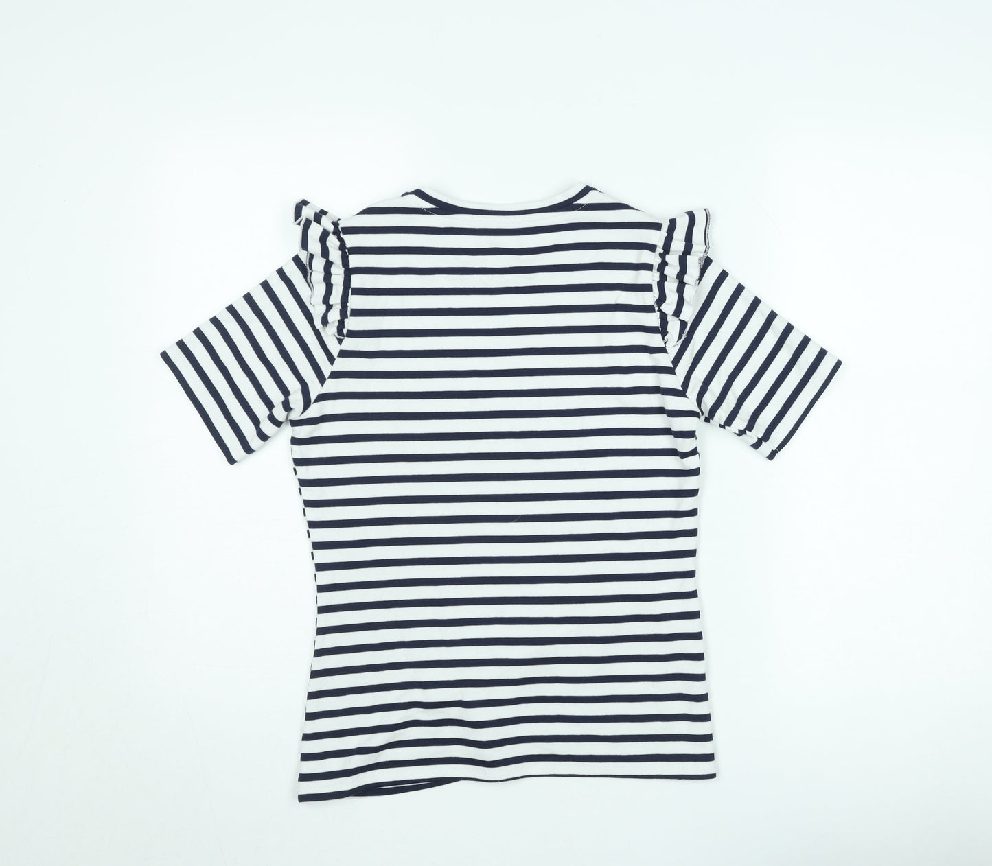 Savida Women's Navy Stripe Ruffle Pearl Detail T-Shirt Size 10