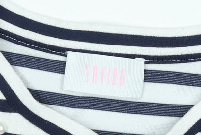 Savida Women's Navy Stripe Ruffle Pearl Detail T-Shirt Size 10