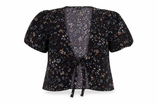 Vero Moda Women's Black Floral Wrap Blouse XL Puff Sleeve Top