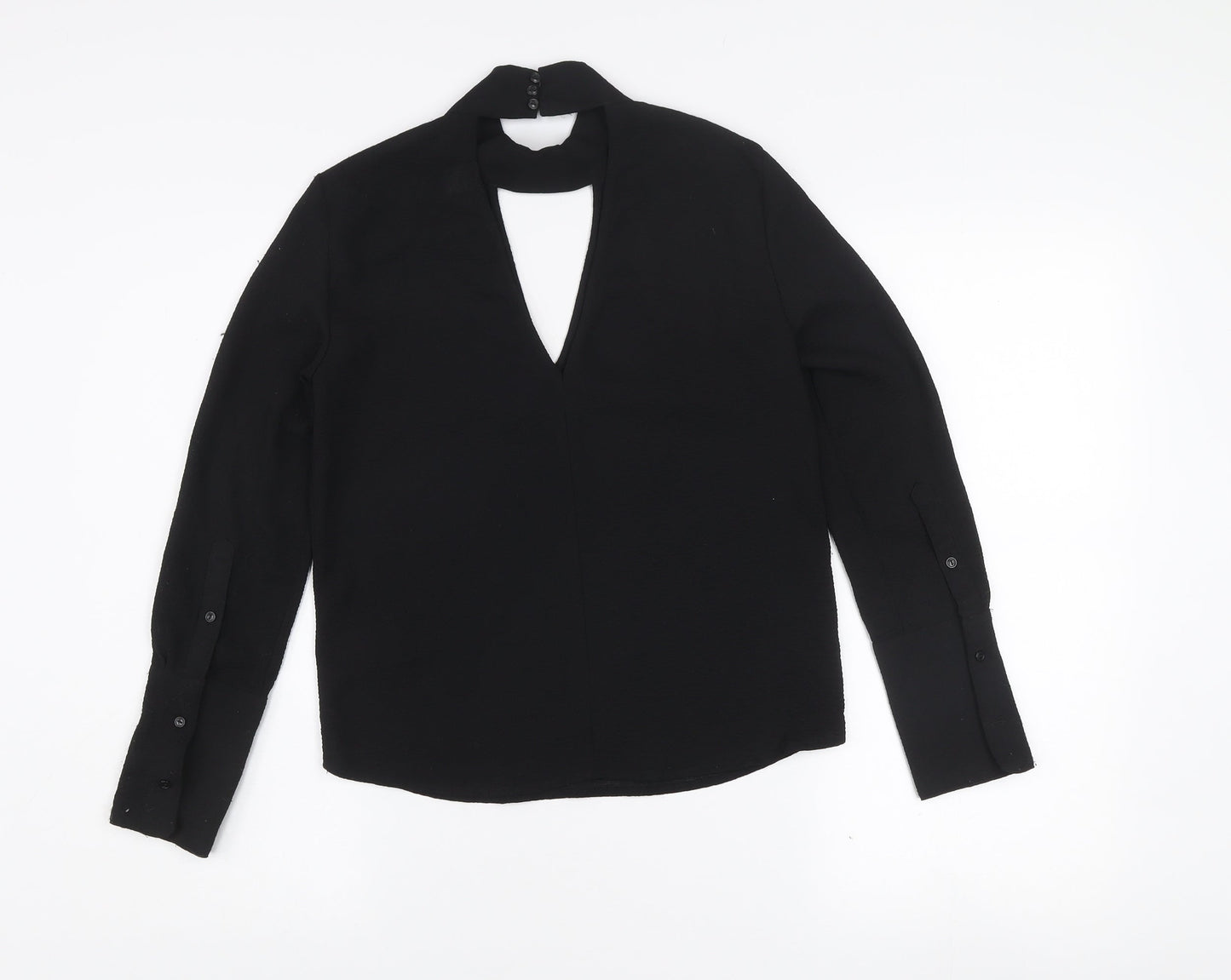 H&M Divided Black High Neck Cut-Out Blouse Women's Size 4 Long Sleeve