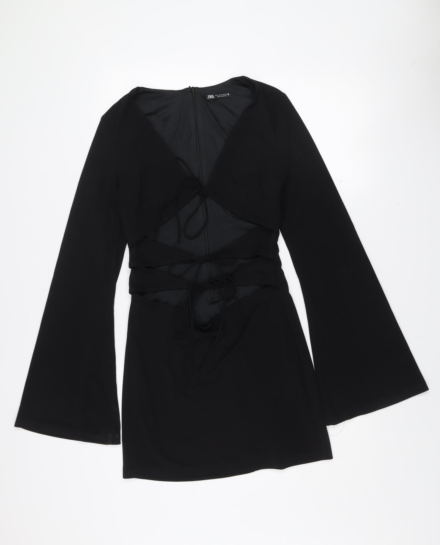Zara Women Black Size 12 Bodycon Long Sleeve V-Neck Dress