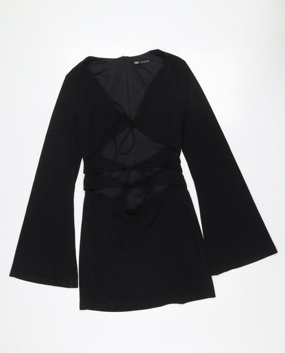 Zara Women Black Size 12 Bodycon Long Sleeve V-Neck Dress