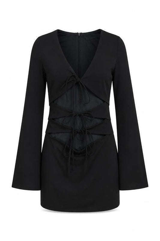 Zara Women Black Size 12 Bodycon Long Sleeve V-Neck Dress