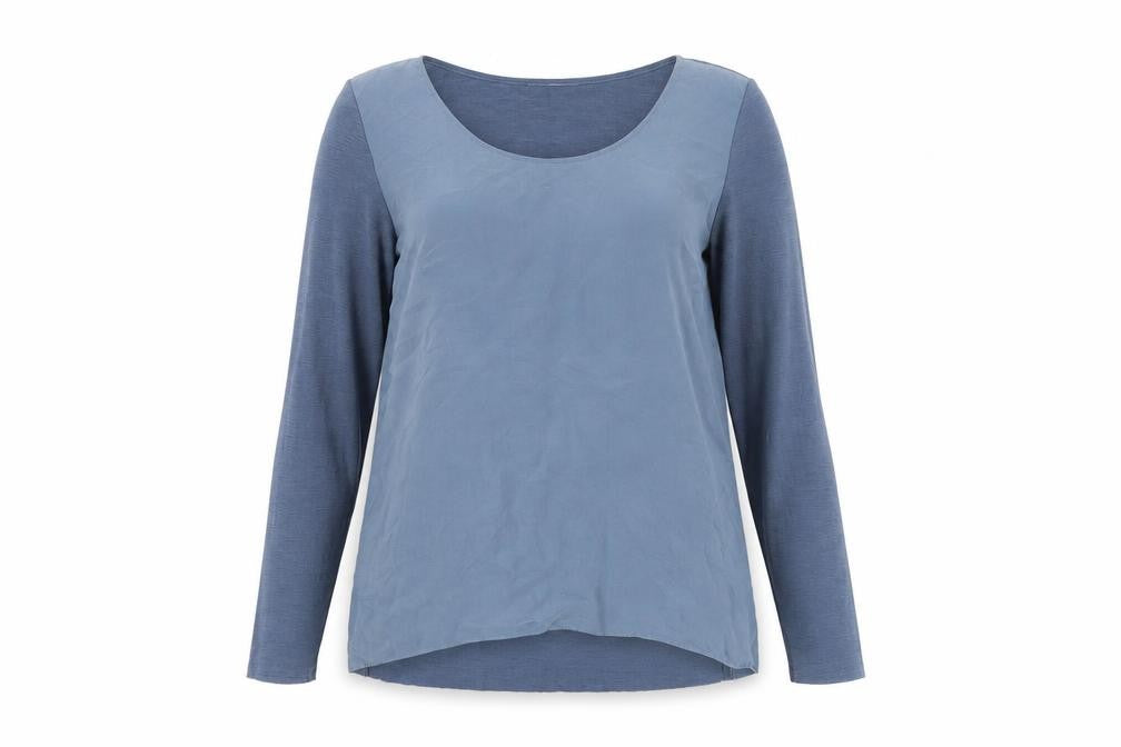 Front view of COS Women's Blue Wool Modal Long Sleeve Basic Blouse, size 8