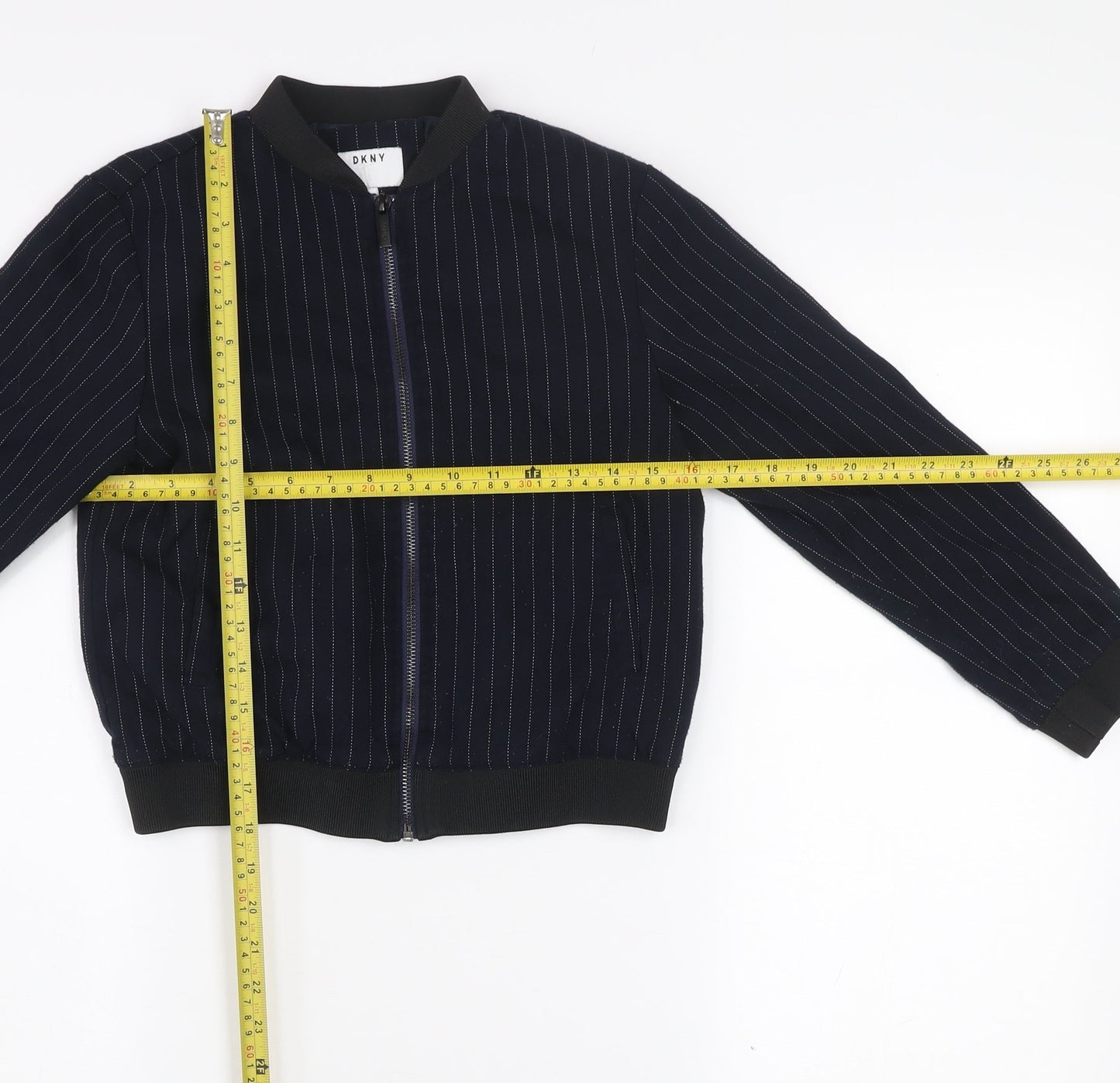 DKNY Girls Blue Pinstripe Bomber Jacket Size 10 Years Cotton Blend Zip Front