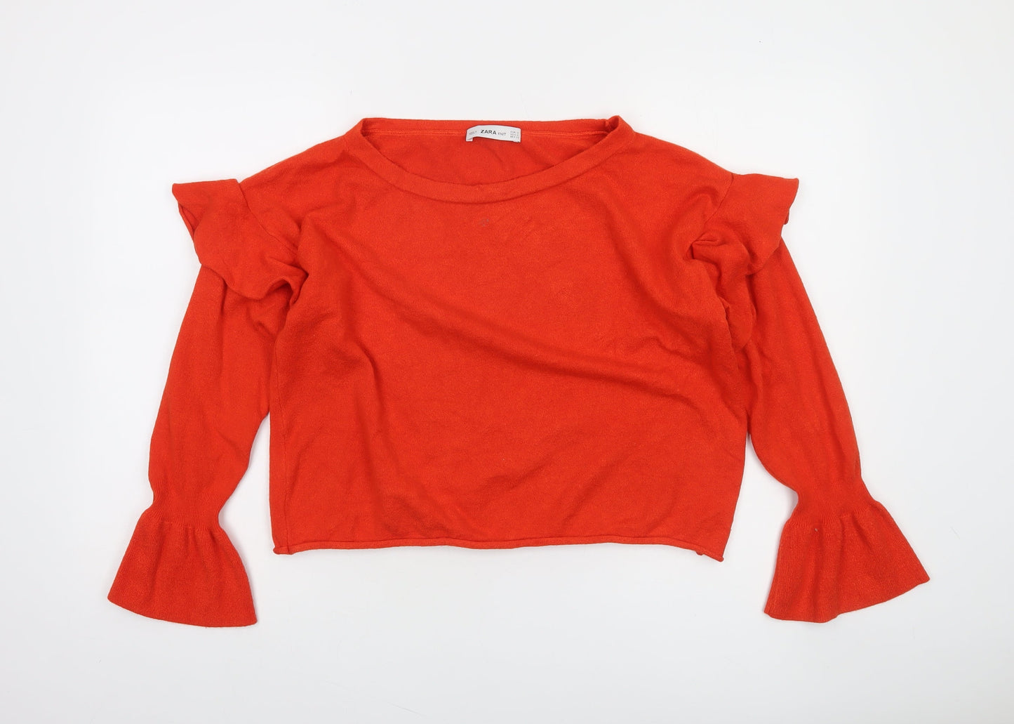 Zara Women Red Ruffle Bell Sleeve Knit Jumper Size 8