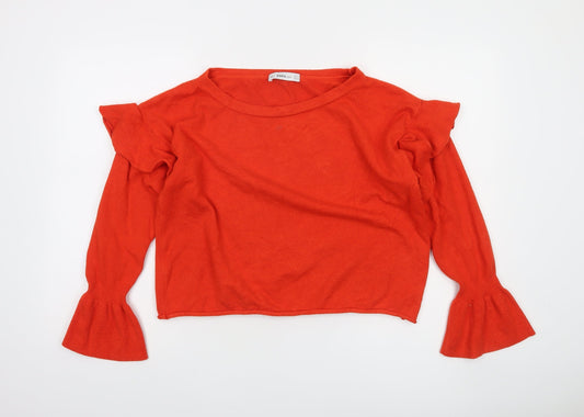 Zara Women Red Ruffle Bell Sleeve Knit Jumper Size 8