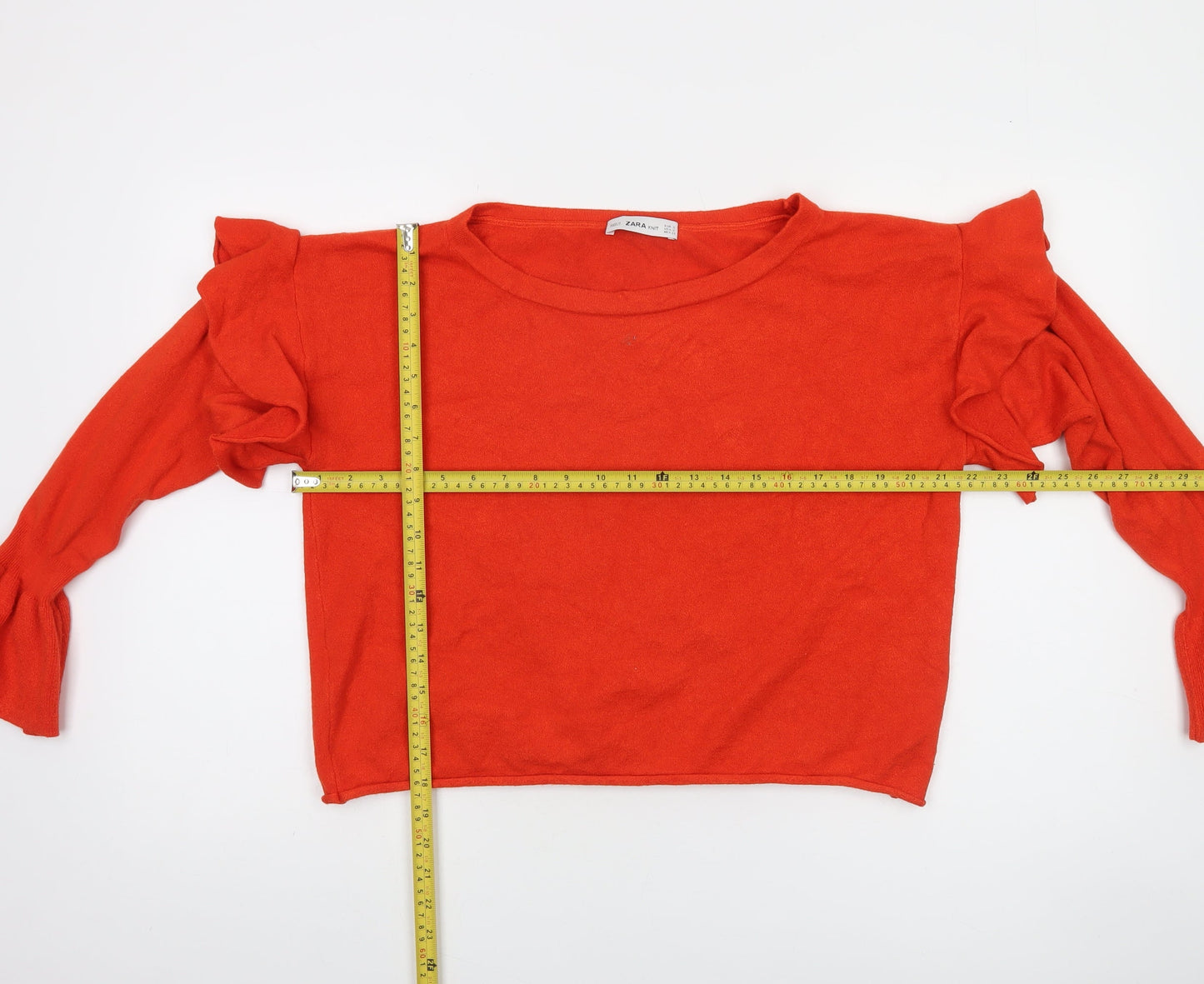 Zara Women Red Ruffle Bell Sleeve Knit Jumper Size 8