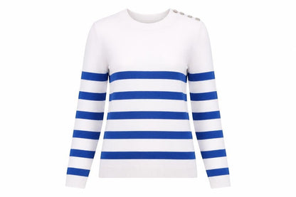 Savida Women's Blue White Striped Crew Neck Jumper XS