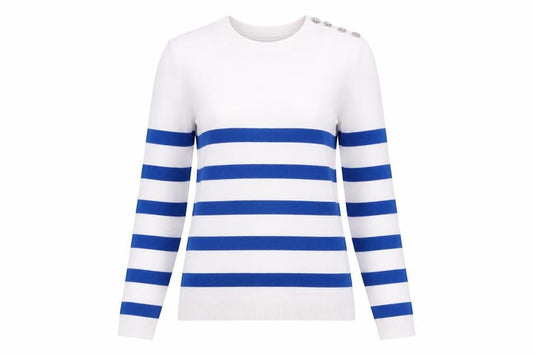 Savida Women's Blue White Striped Crew Neck Jumper XS