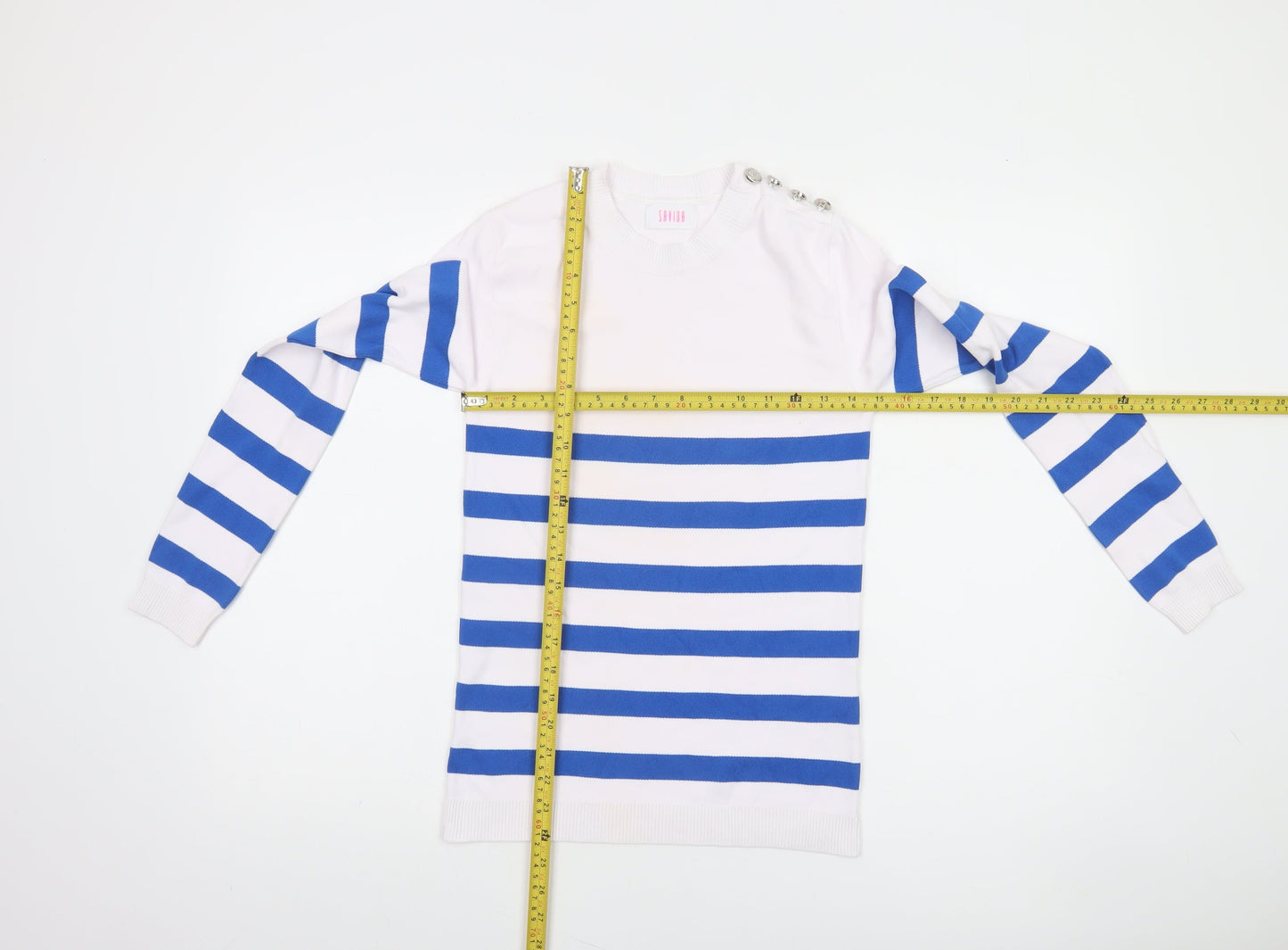 Savida Women's Blue White Striped Crew Neck Jumper XS