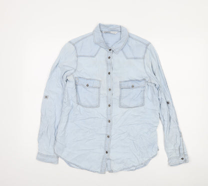 Zara Women Blue Lyocell Denim Embroidered Button-Up Shirt Size 8