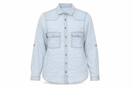 Zara Women Blue Lyocell Denim Embroidered Button-Up Shirt Size 8