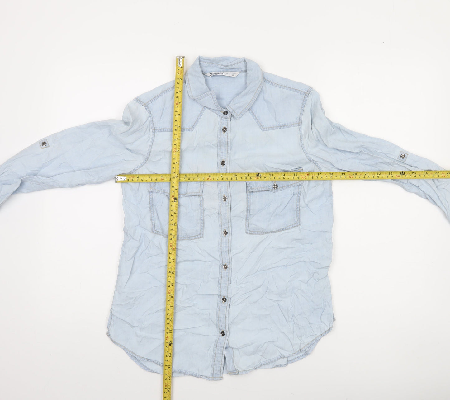 Zara Women Blue Lyocell Denim Embroidered Button-Up Shirt Size 8