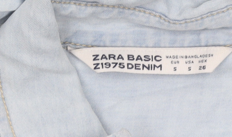 Zara Women Blue Lyocell Denim Embroidered Button-Up Shirt Size 8