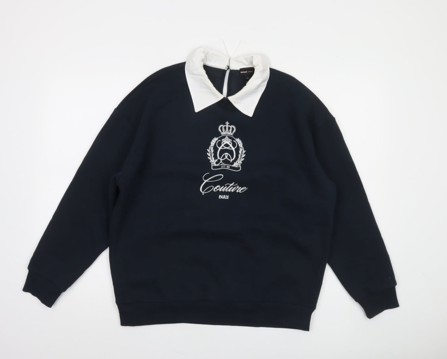 River Island Women’s Navy Collared Pullover Sweatshirt XS Embroidered Crest