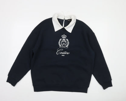 River Island Women’s Navy Collared Pullover Sweatshirt XS Embroidered Crest