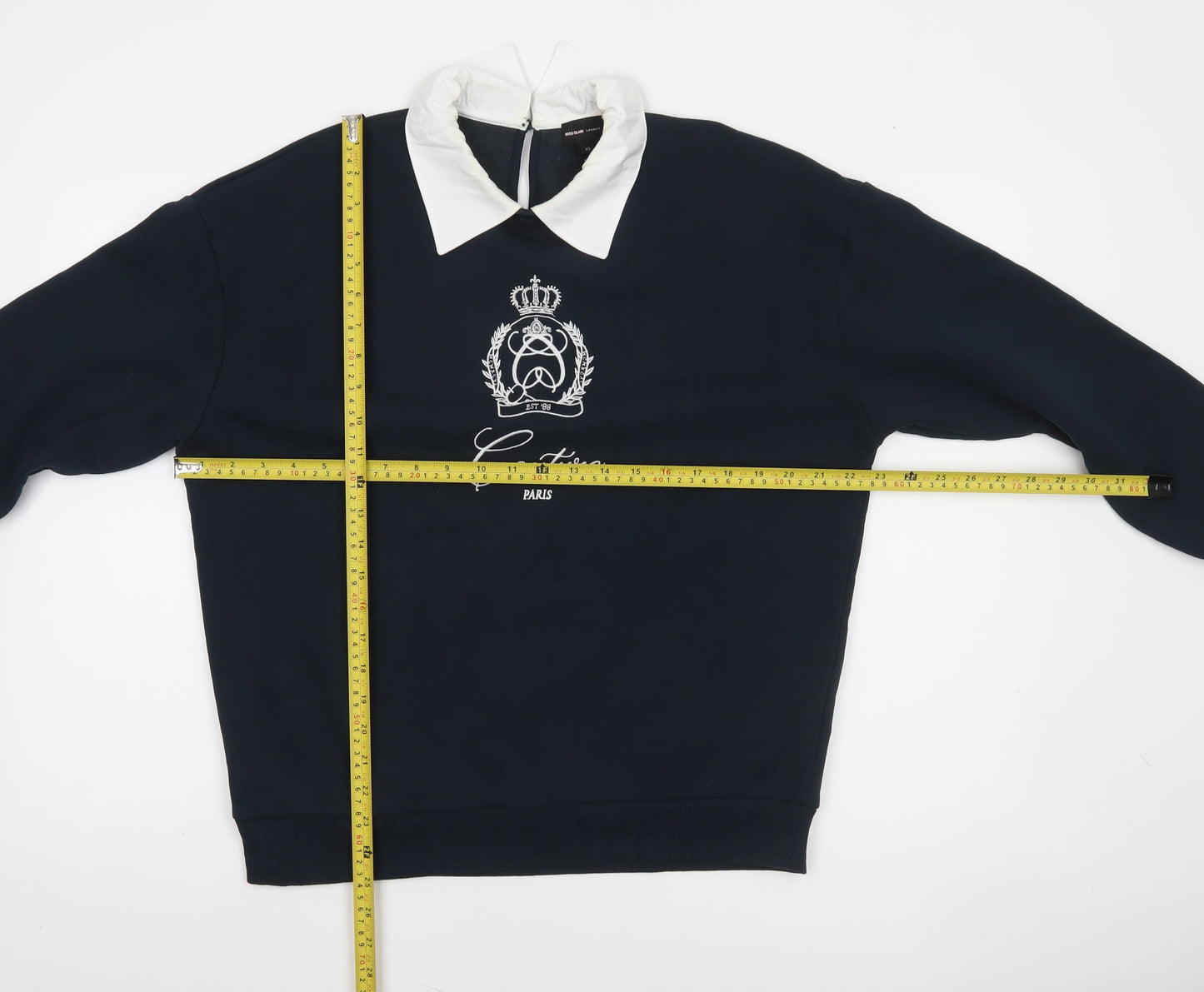 River Island Women’s Navy Collared Pullover Sweatshirt XS Embroidered Crest