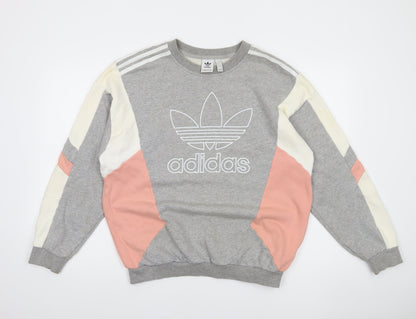 Adidas Women Grey Colourblock Sweatshirt Size 12 Cotton Crew Neck