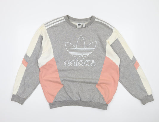 Adidas Women Grey Colourblock Sweatshirt Size 12 Cotton Crew Neck