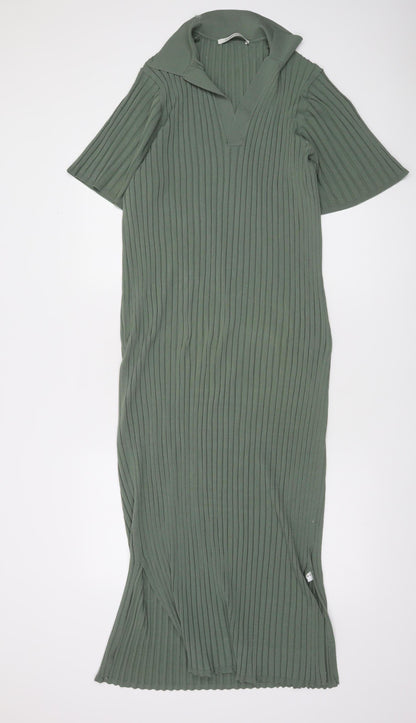 A Day’s March Women Green L Midi Collared Knit Shirt Dress