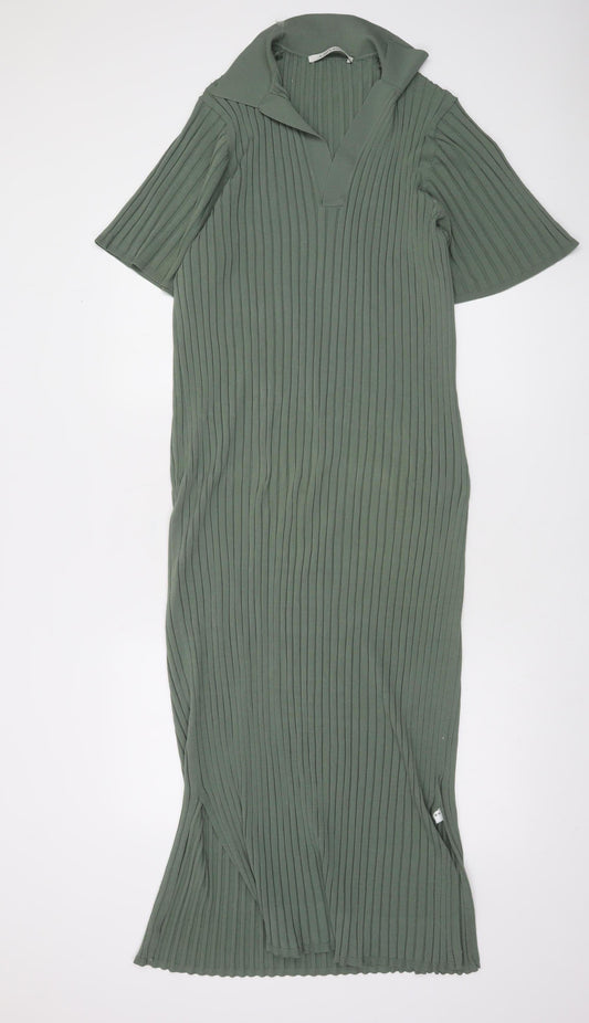 A Day’s March Women Green L Midi Collared Knit Shirt Dress