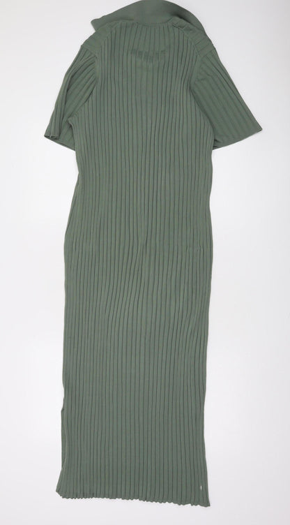 A Day’s March Women Green L Midi Collared Knit Shirt Dress