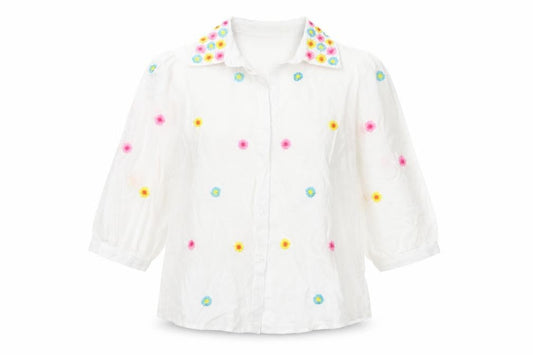 SO SWEET Women's White Embroidered Floral 3/4 Sleeve Button-Up Blouse S