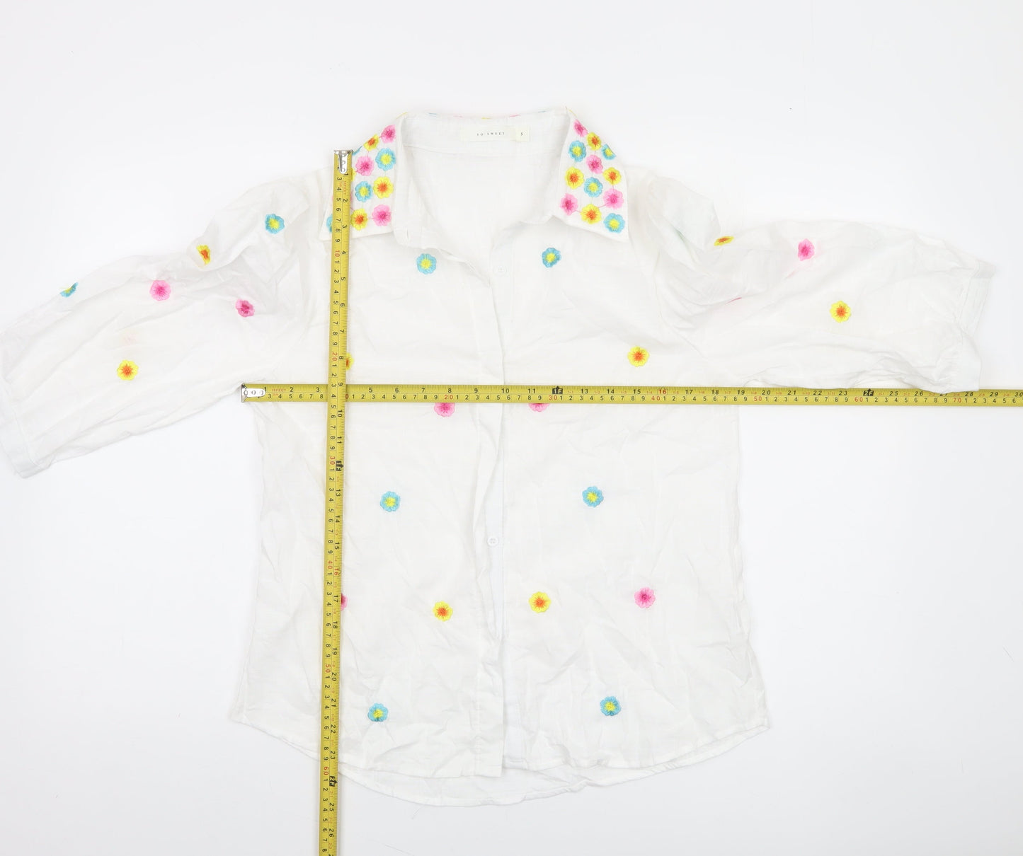 SO SWEET Women's White Embroidered Floral 3/4 Sleeve Button-Up Blouse S