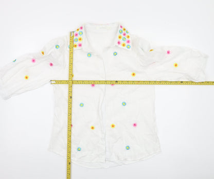 SO SWEET Women's White Embroidered Floral 3/4 Sleeve Button-Up Blouse S