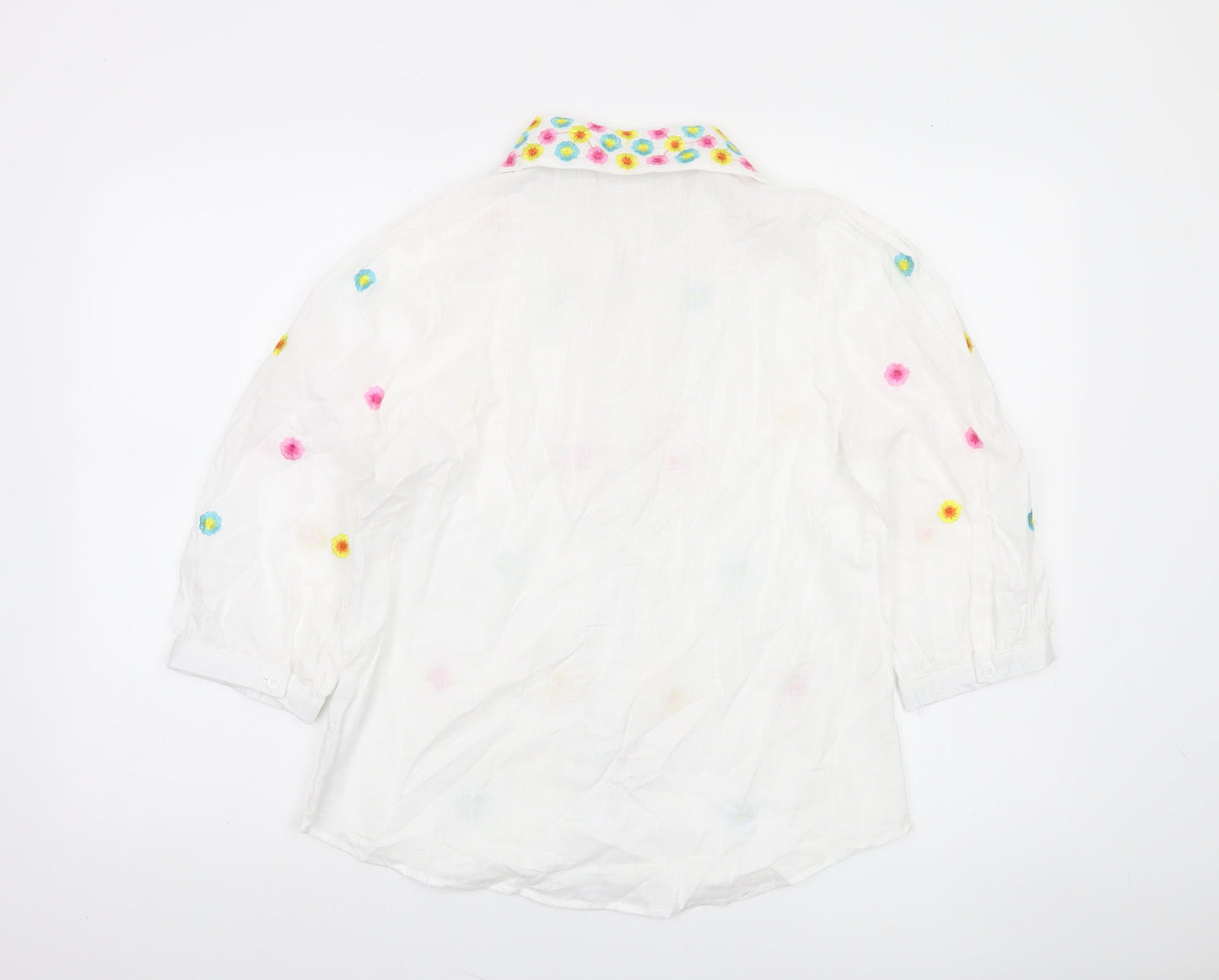 SO SWEET Women's White Embroidered Floral 3/4 Sleeve Button-Up Blouse S