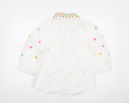 SO SWEET Women's White Embroidered Floral 3/4 Sleeve Button-Up Blouse S
