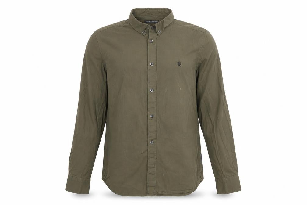 Front view of French Connection Men's Green Button-Down Cotton Long Sleeve Shirt, size M