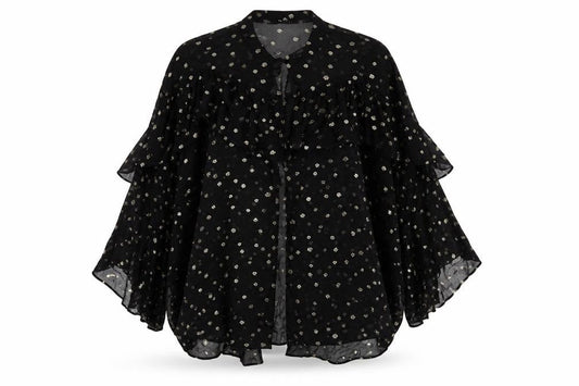 Zara Womens Black Metallic Polka Dot Ruffle Long Sleeve Tunic Blouse L