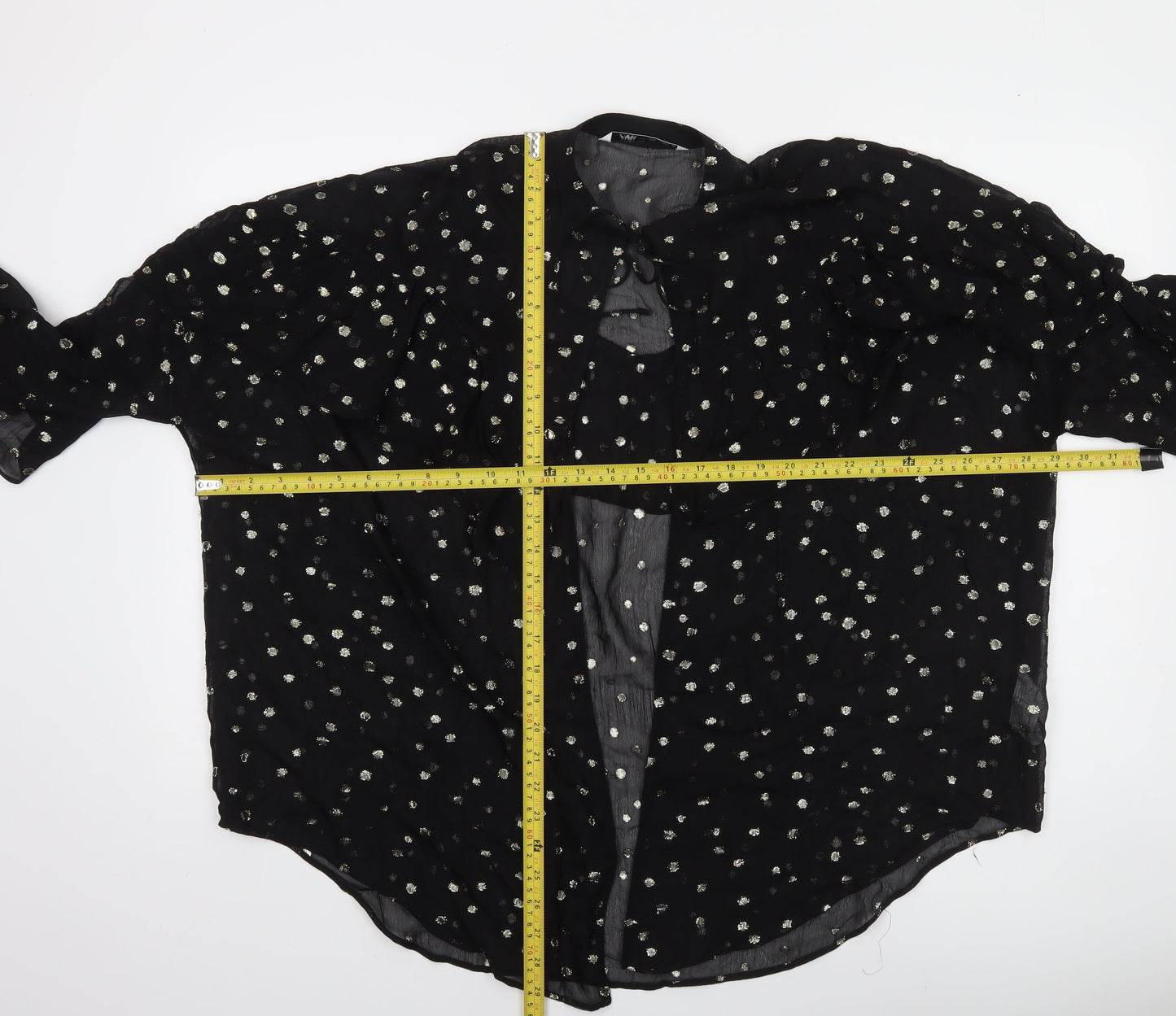 Zara Womens Black Metallic Polka Dot Ruffle Long Sleeve Tunic Blouse L