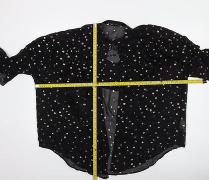 Zara Womens Black Metallic Polka Dot Ruffle Long Sleeve Tunic Blouse L