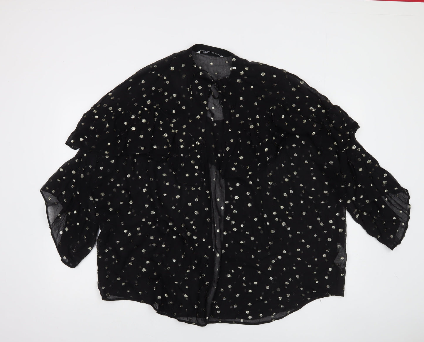 Zara Womens Black Metallic Polka Dot Ruffle Long Sleeve Tunic Blouse L