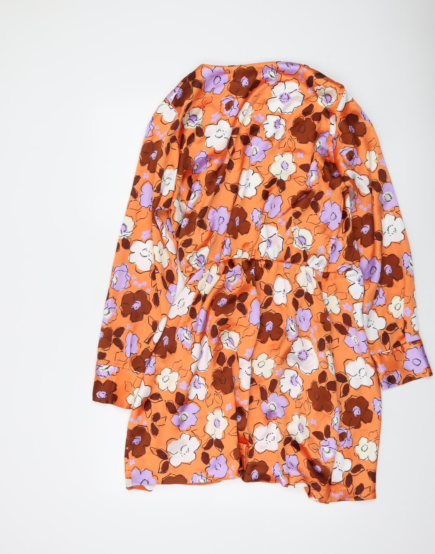 Zara Women Orange Floral Wrap Dress Size 14 Ruched Detail