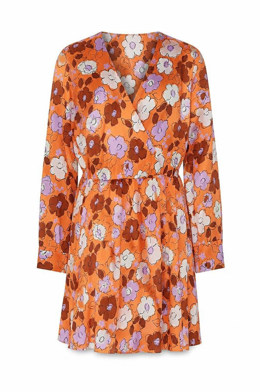 Zara Women Orange Floral Wrap Dress Size 14 Ruched Detail