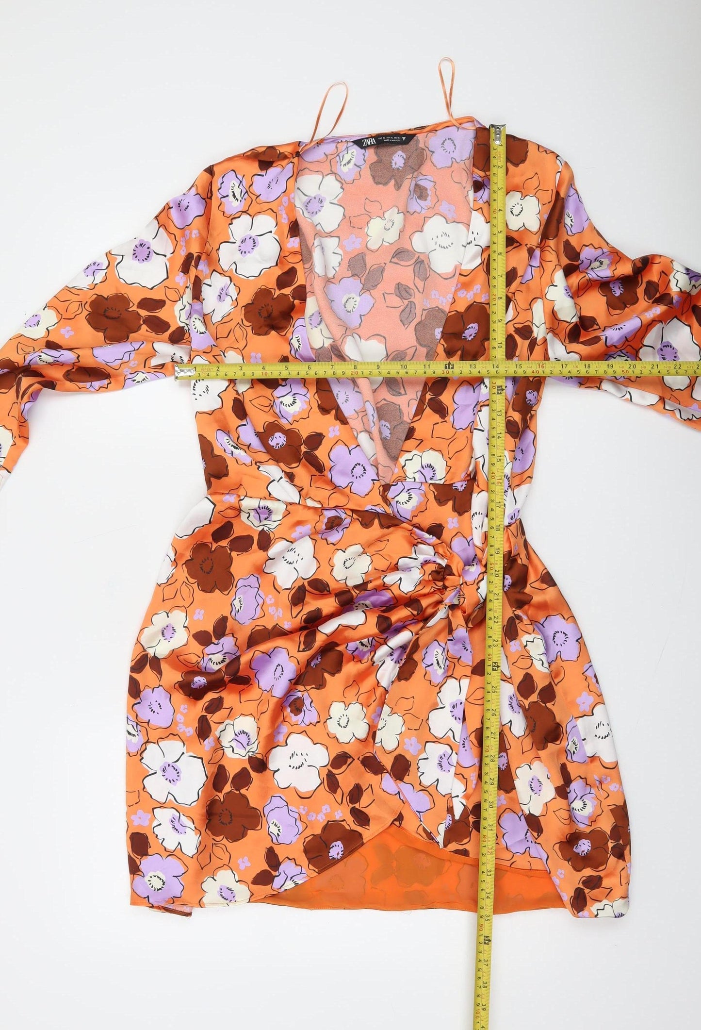 Zara Women Orange Floral Wrap Dress Size 14 Ruched Detail