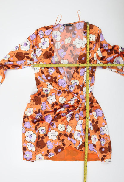 Zara Women Orange Floral Wrap Dress Size 14 Ruched Detail