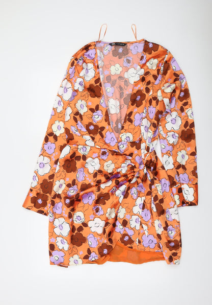 Zara Women Orange Floral Wrap Dress Size 14 Ruched Detail
